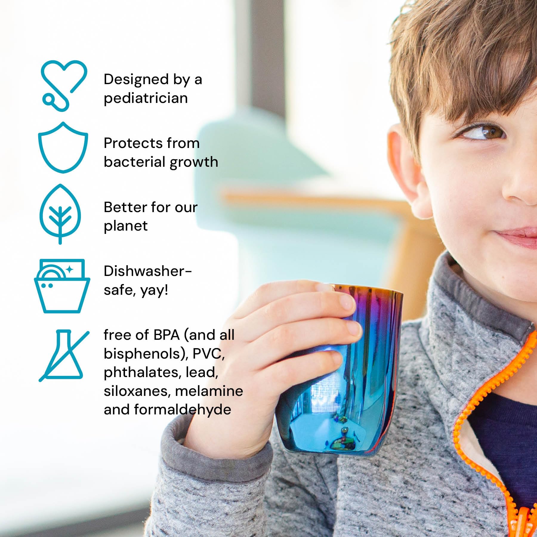 Ahimsa Stainless Steel Kids Cups, 8 oz, Iridescent Blue, Set of 4
