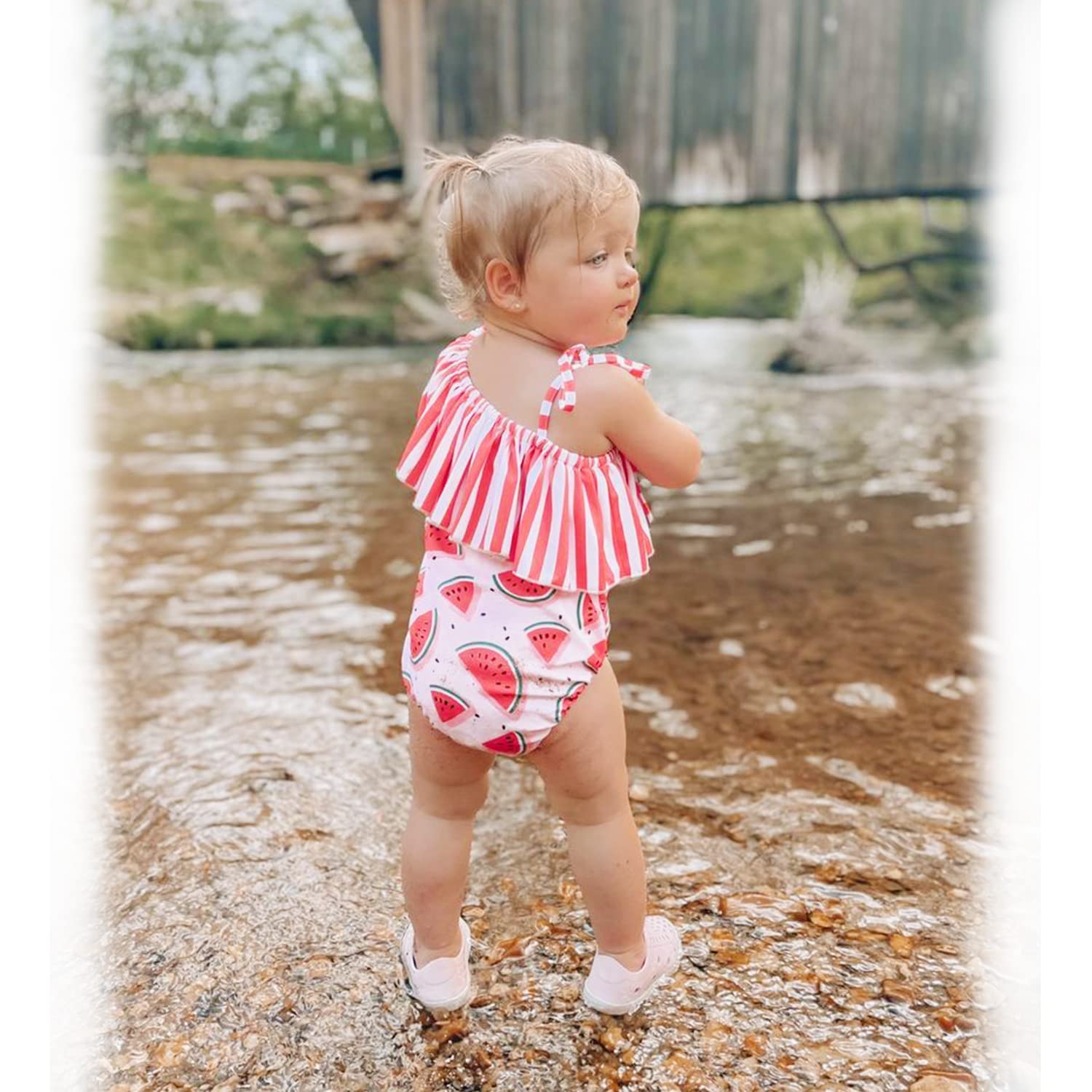 HINTINA Infant Baby Girls One Piece Swimsuits Swimming Suit Watermelon Off Shoulder Swimwear Beach Bathing Suit 6-12 Months