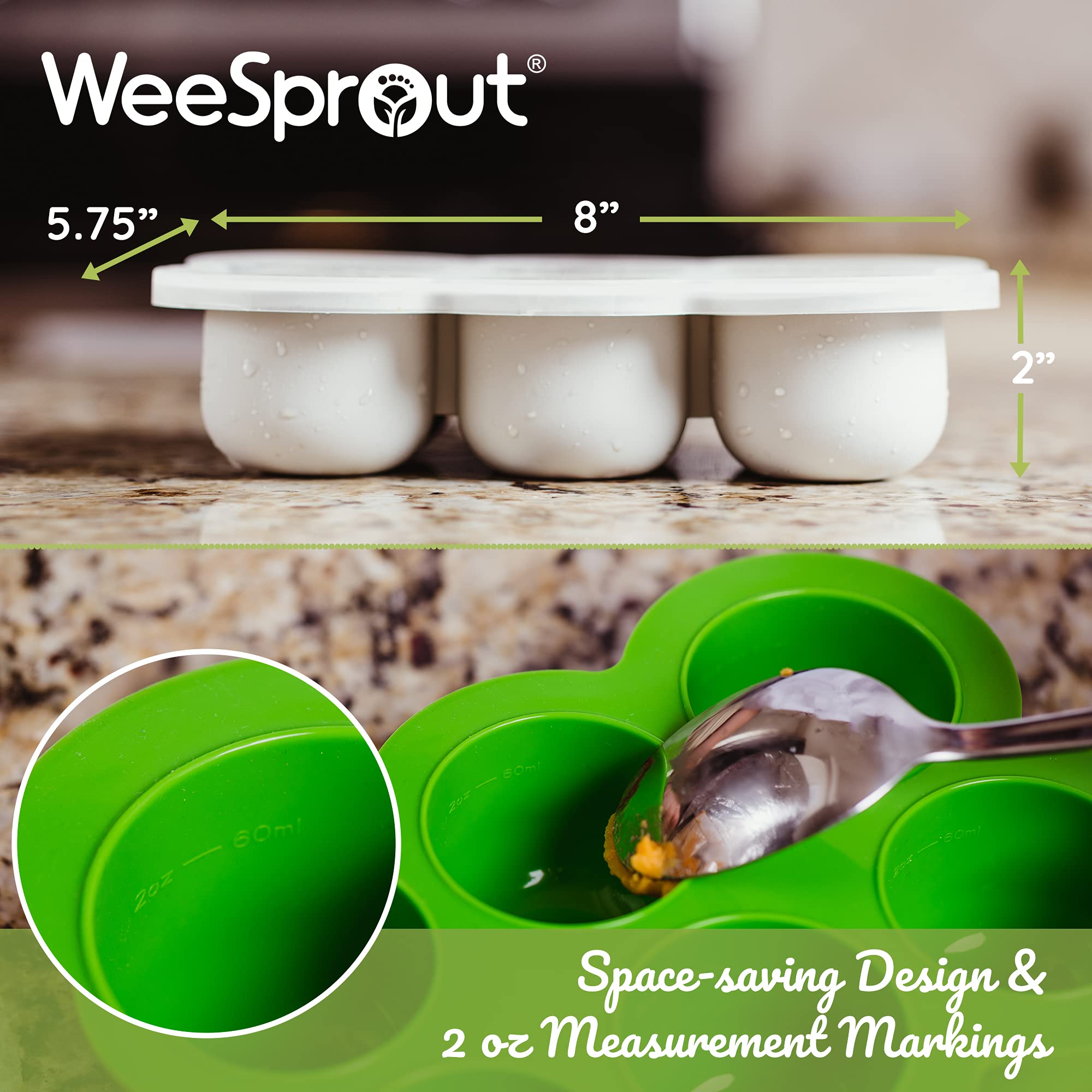 WeeSprout Silicone Freezer Tray with Clip on Lid Perfect Food Storage Container for Homemade Baby Food, Vegetable, Fruit Purees, and Breast Milk (Bright Green, Six 3 Ounce Sections)