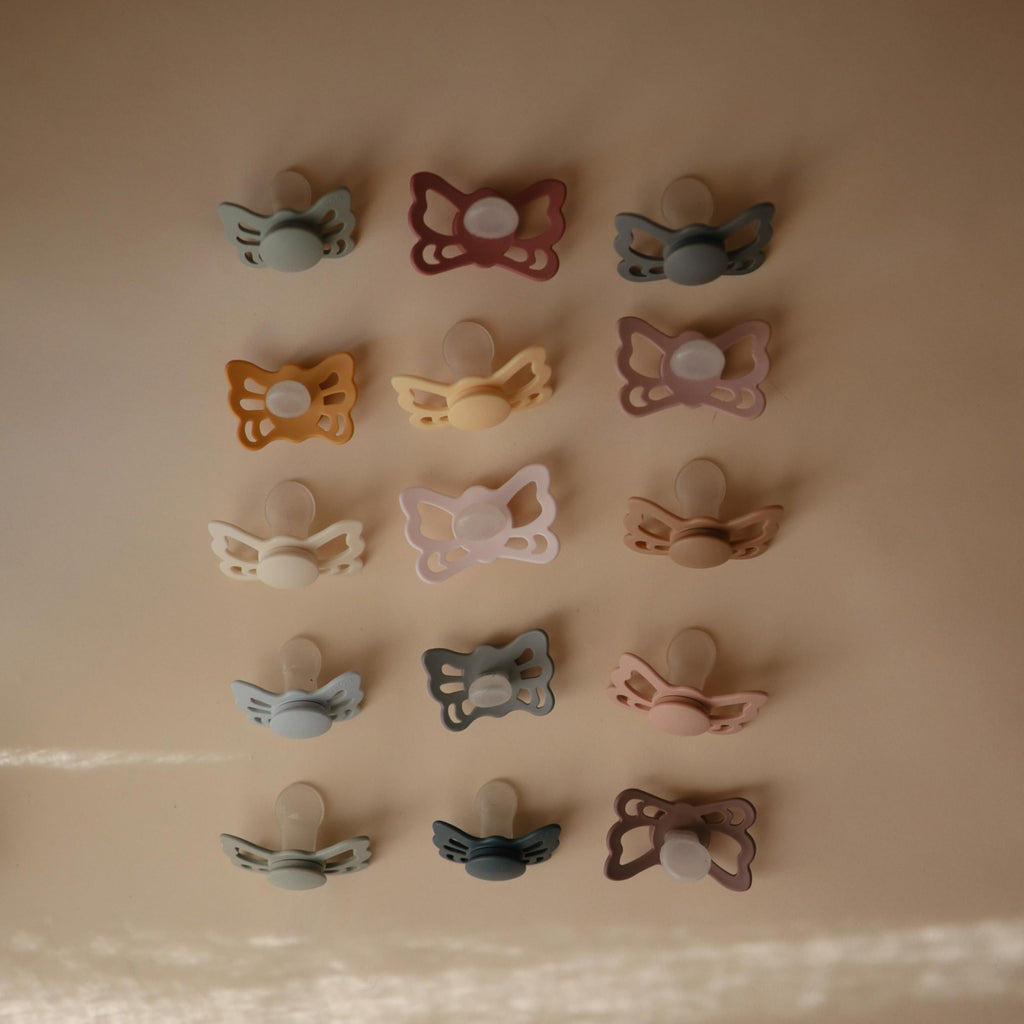 FRIGG Butterfly Anatomical SilkySoft Silicone Baby Pacifier | Made in Denmark | BPA-Free (Cedar/Baby Pink, 0-6 Months)