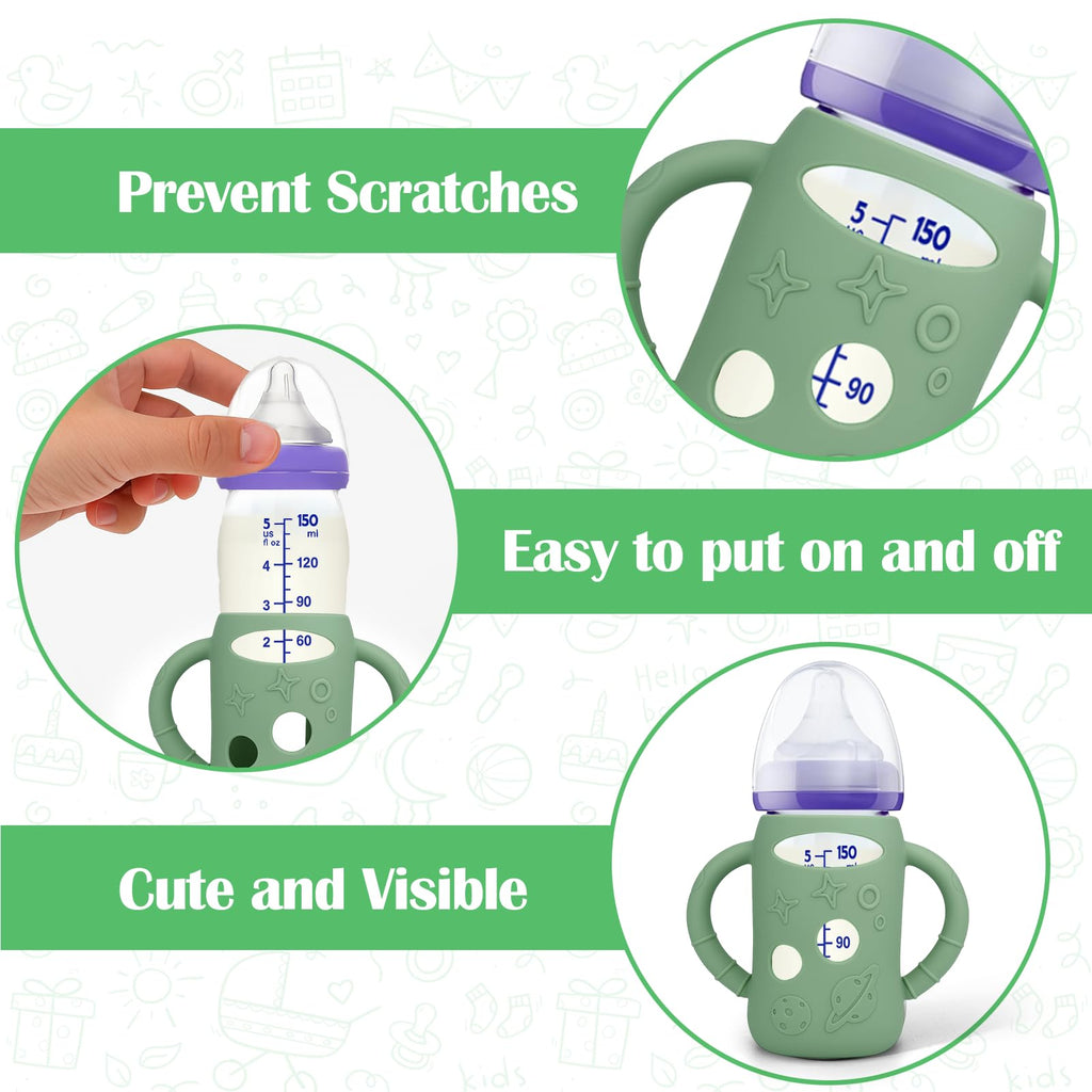 BUSOHA 3 Pack Silicone Sleeves for Lansinoh Glass Bottles - Wide Neck Baby Bottles Sleeves for Lansinoh Bottles Baby Anti-Colic Bottle Holder with Handle Anti Breakage Silicone Protector,5 oz