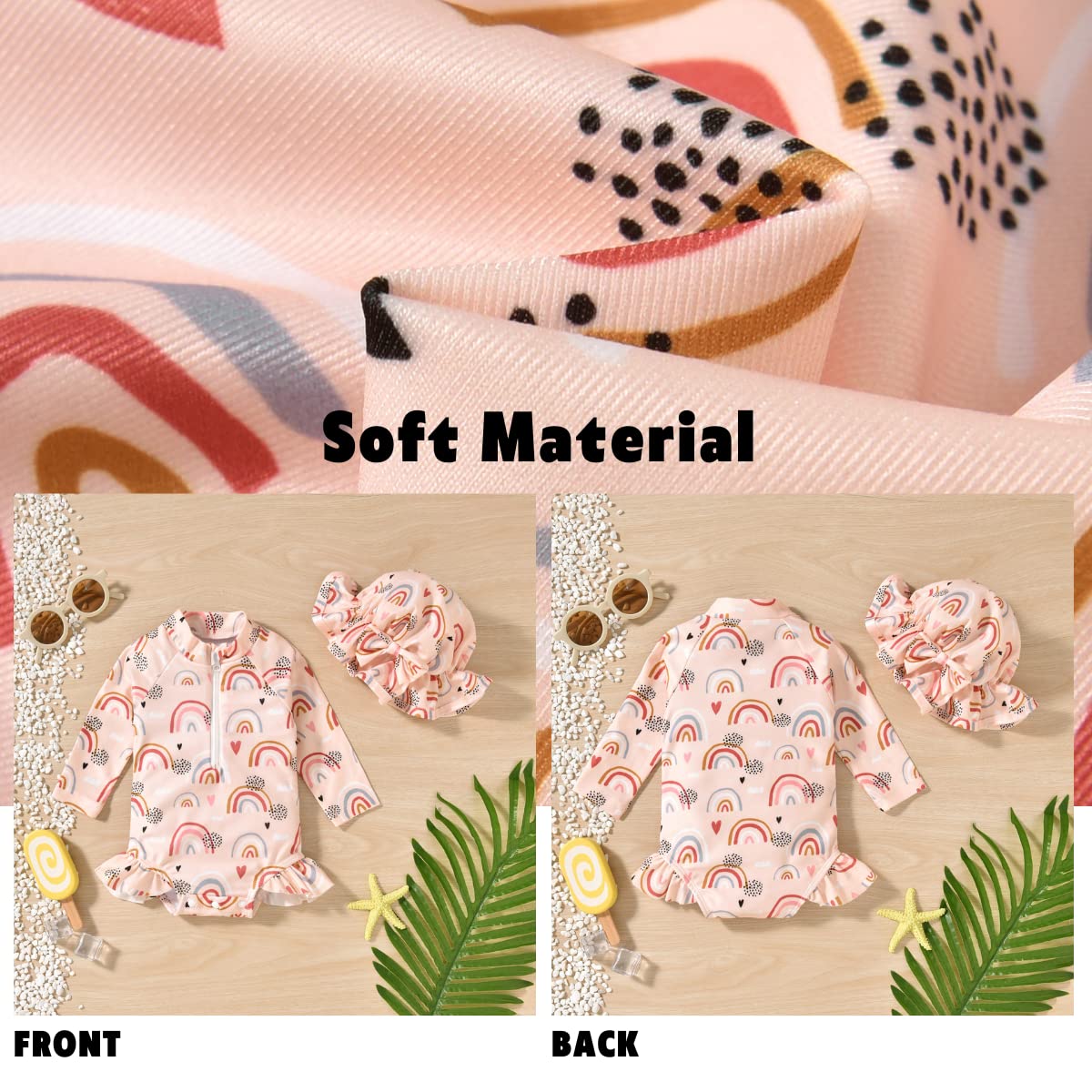 0-3 Months Newborn Infant Baby Girls One Piece Long Sleeve Swimsuit Rainbow Bathing Suit Zip Up Swimwear Beach Wear