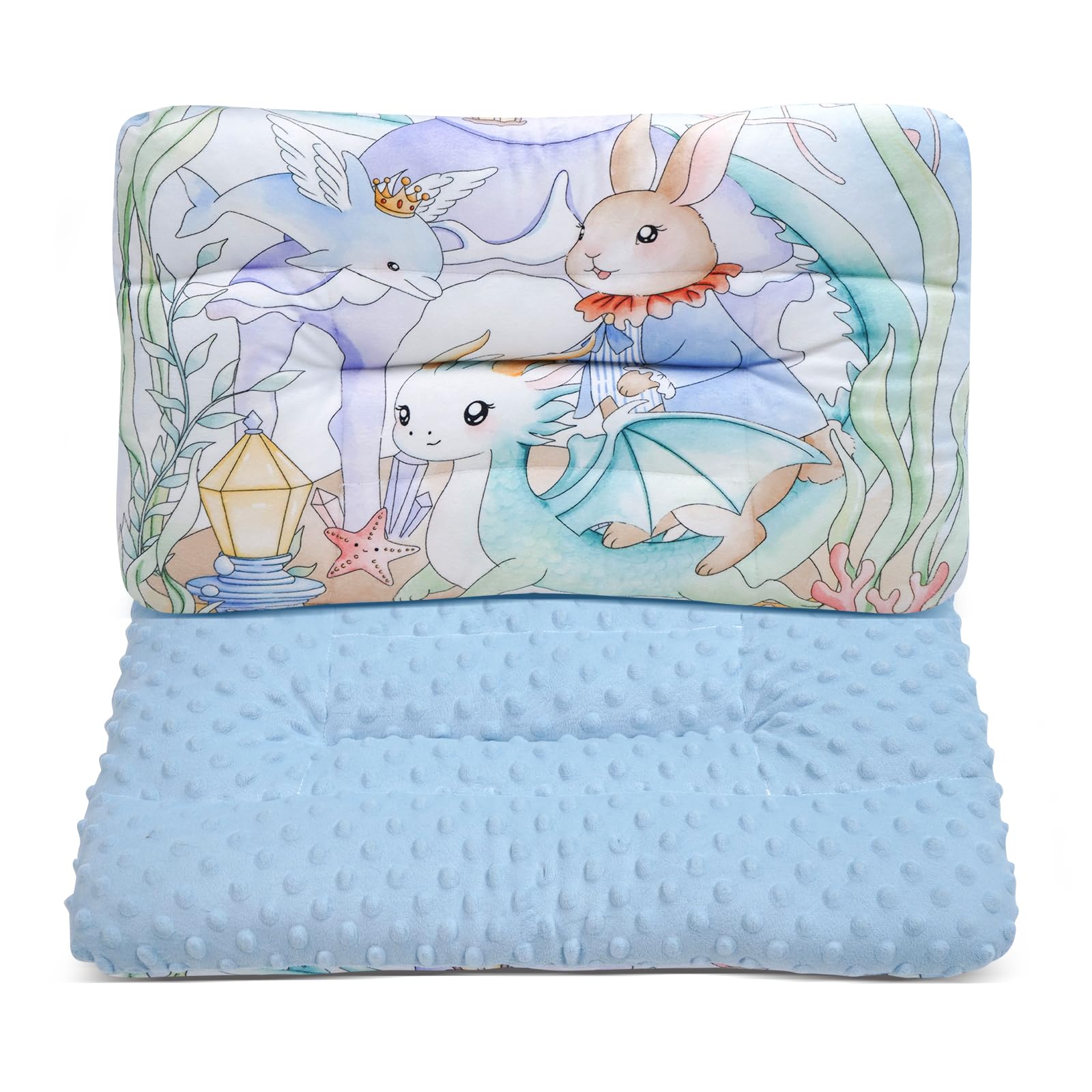 Reidio 1Pcs Toddler Pillow Double Sided Breathable Soft Cotton & Minky Dot Fabric Kids Pillow Cute Small Pillow Machine Washable (Blue Rabbit)