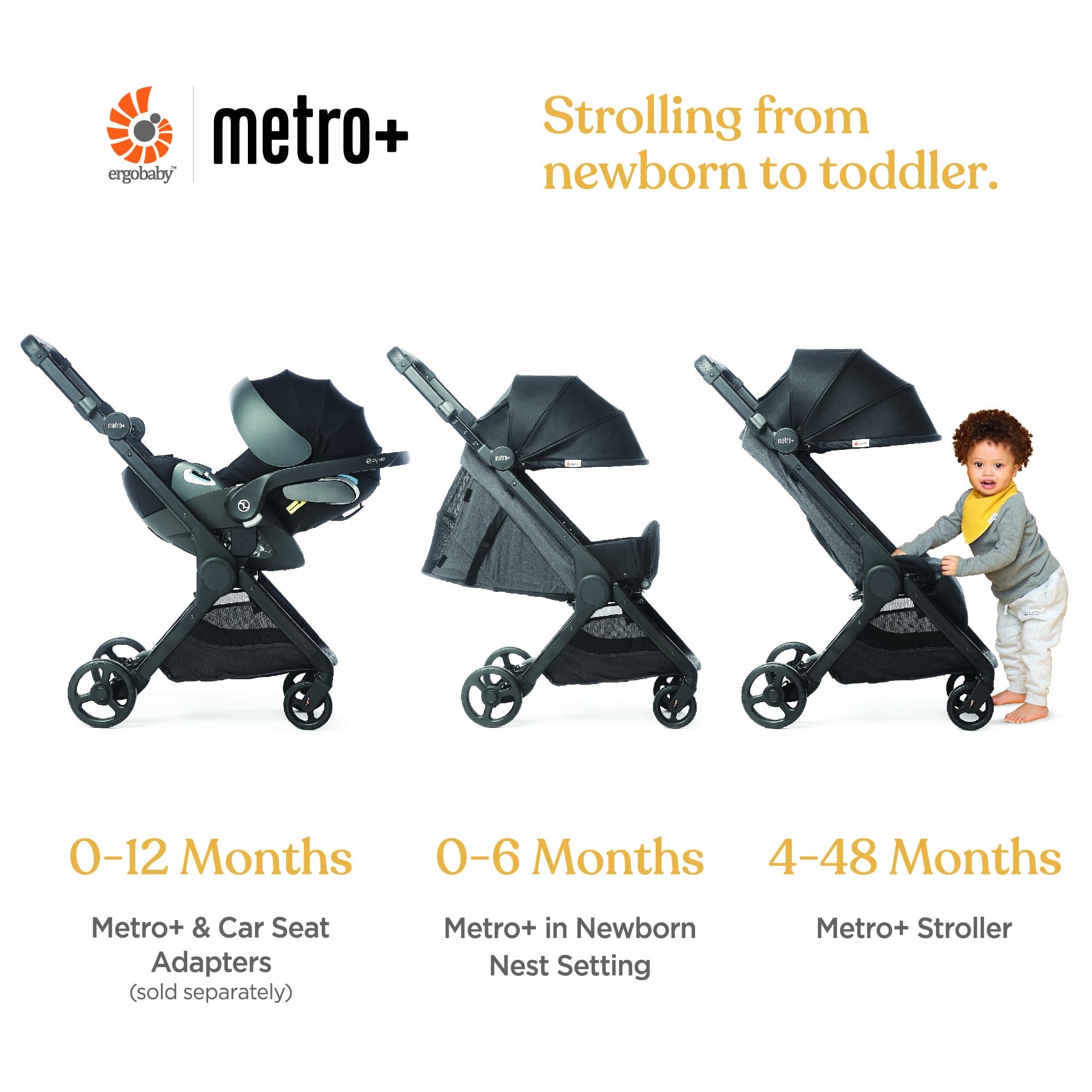 Ergobaby Metro+ Compact Baby Stroller, Lightweight Umbrella Stroller Folds Down for Overhead Airplane Storage (Carries up to 50 lbs), Car Seat Compatible, Slate Grey