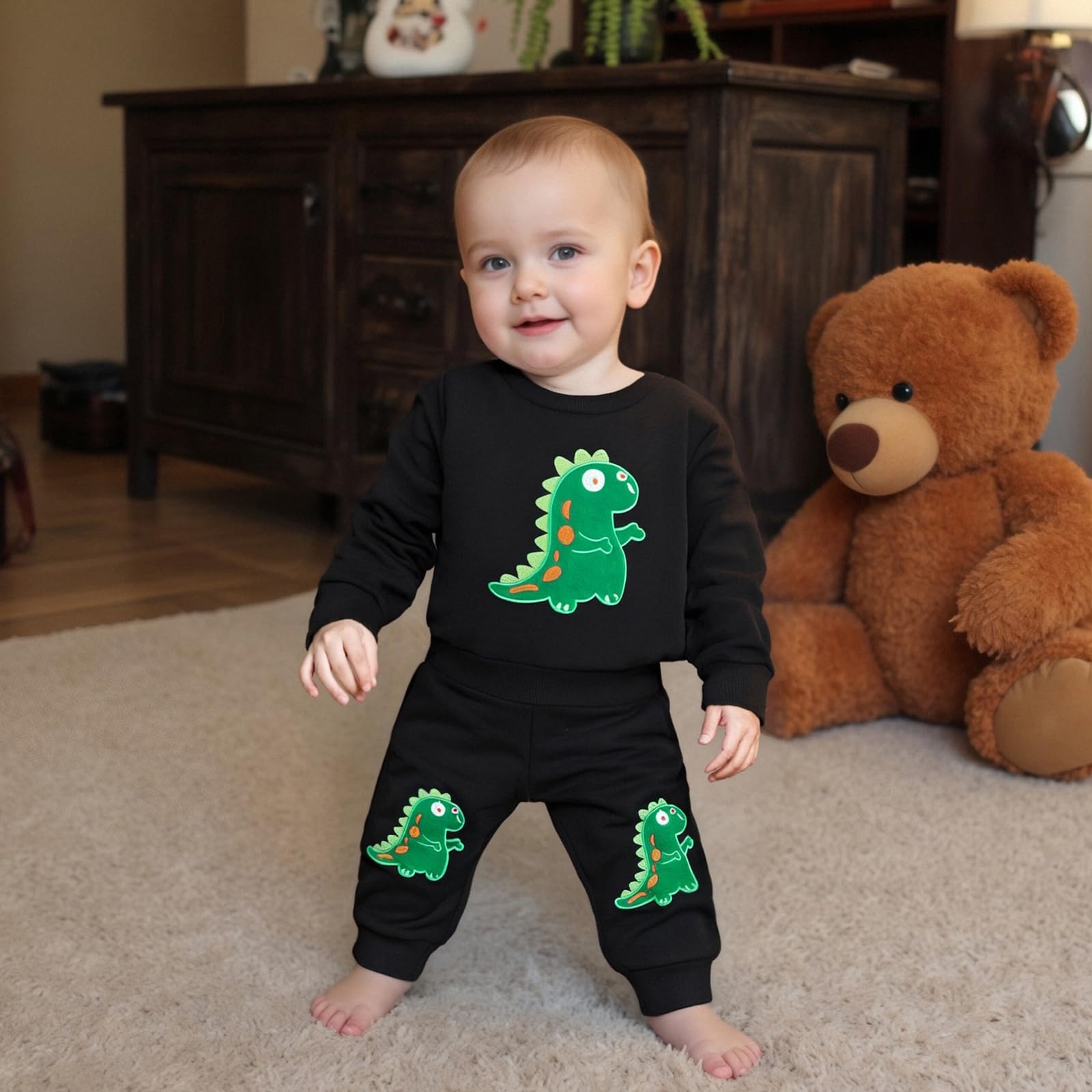 Nyapruwe Toddler Baby Boys Fall Winter Outfits Funny Print Top Pants Set (Black Dinosaur, 12-18 Months)