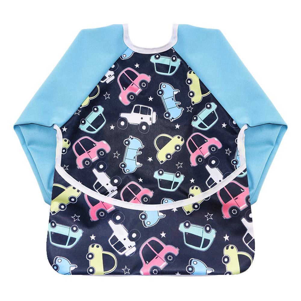 Hi Sprout Infant Toddler Baby Waterproof Sleeved Bib, Bib with Sleeves&Pocket, 6-24 Months (Car)