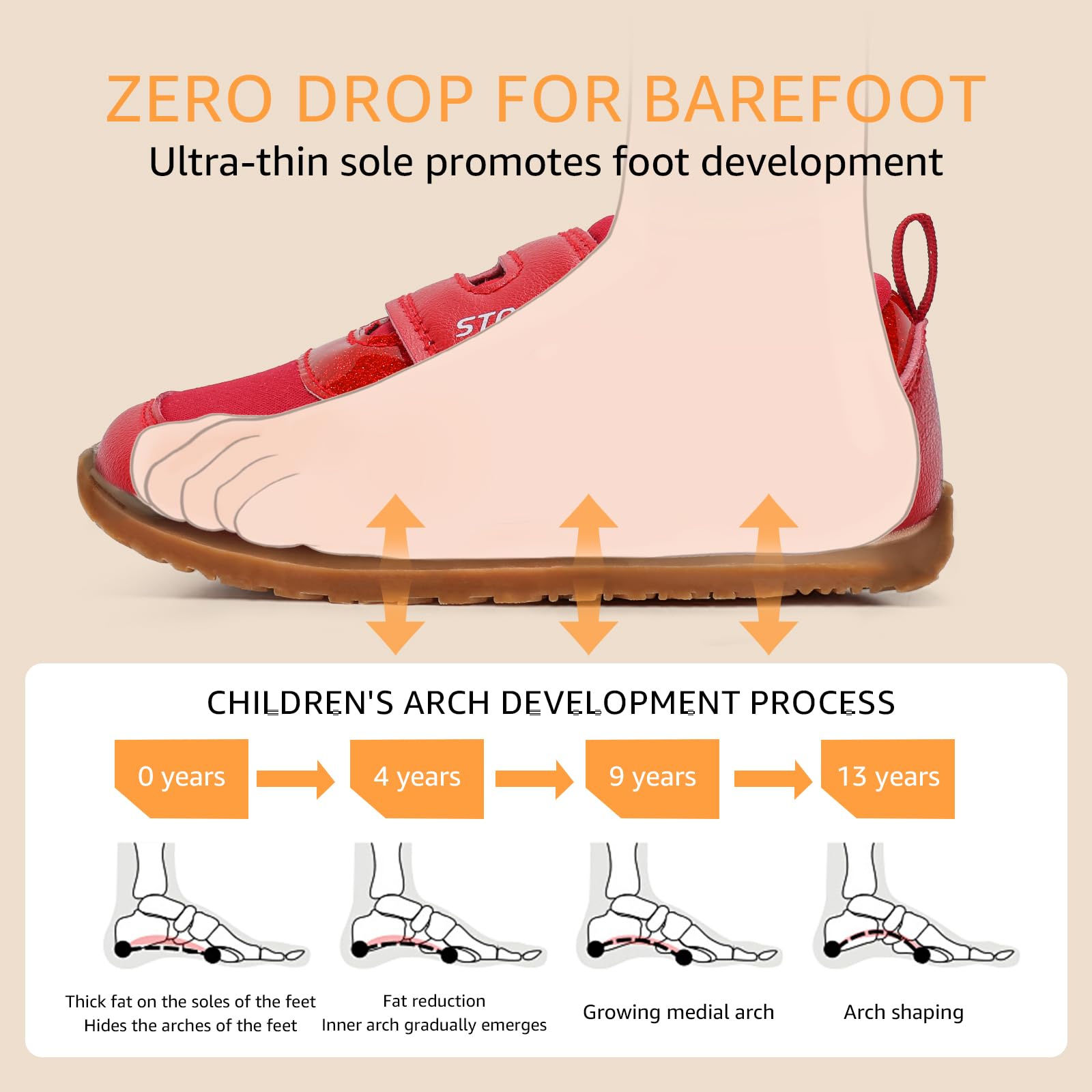 Toddler Shoes Girls Wide Toe Box Barefoot Baby Sneaker Red Glitter Size 4