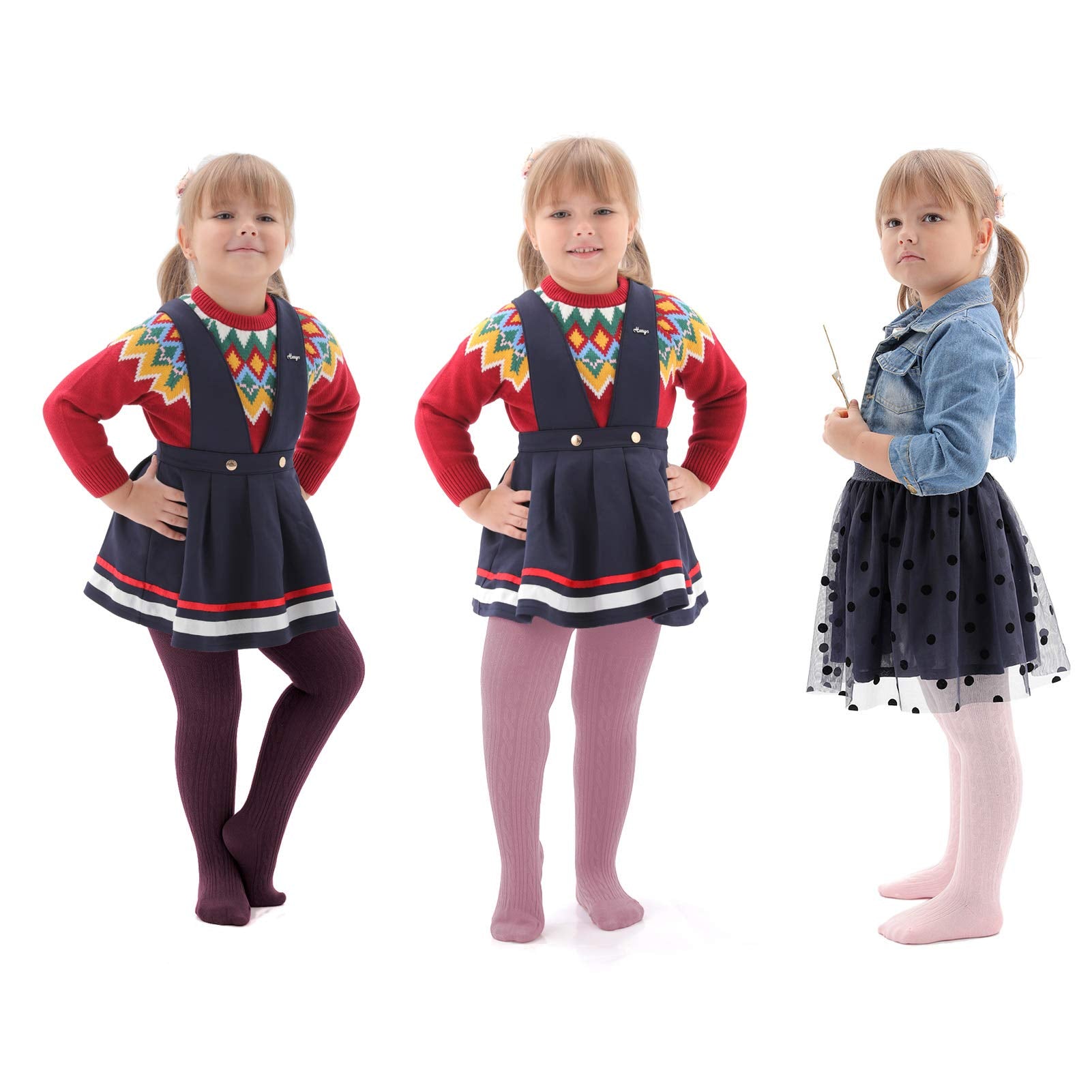 EPEIUS Baby Tights Toddler & Little Girls Cable Knit Tights Solid Cotton Stockings Seamless Footed Leggings Pantyhose Baby Clothes Dress Tights 6-8 Years,3 Pack,Brown/Purple/Pink