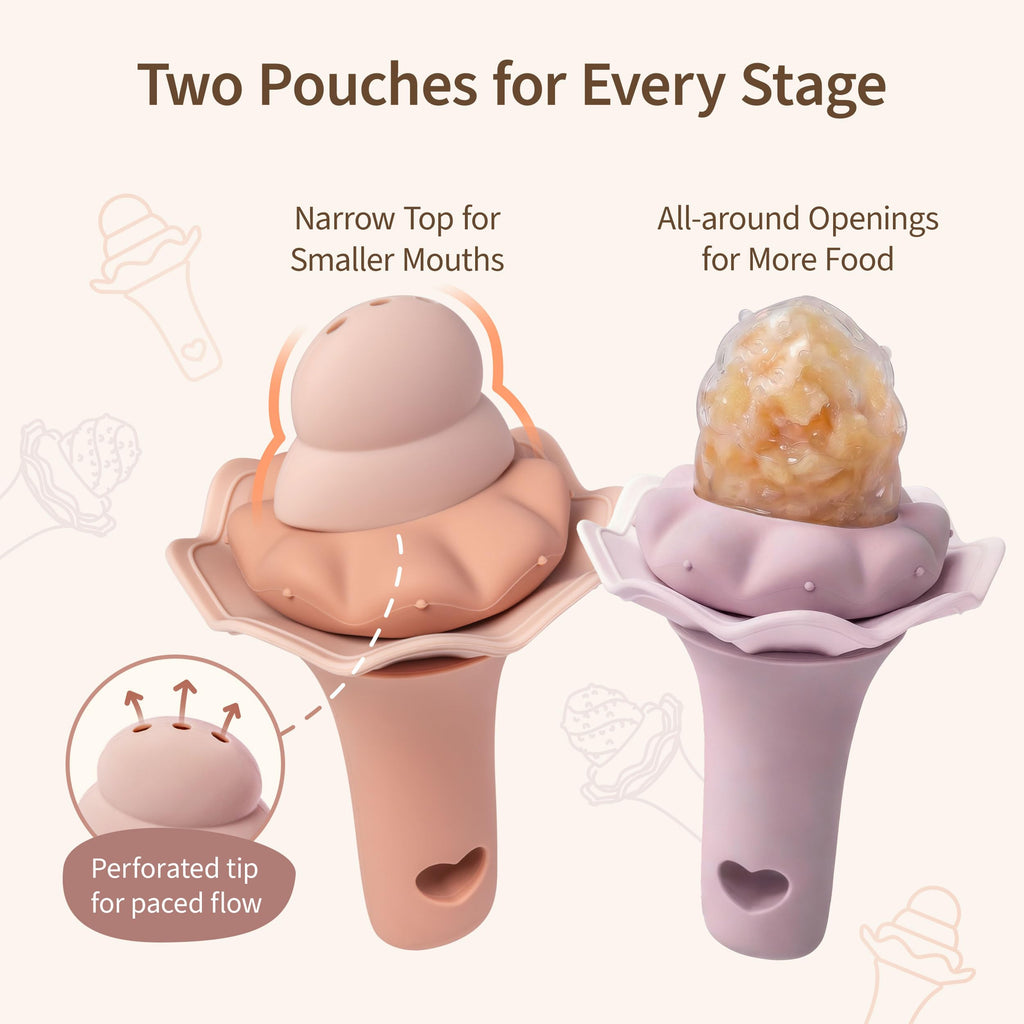 Moonkie Baby Fruit Feeder for Self-Feeding: Controlled Flow Design for Safe First Foods - BPA Free Silicone Food Feeder with Freezer Tray for Cooling Comfort - Baby Shower Gifts 4M+ - 2 Pack