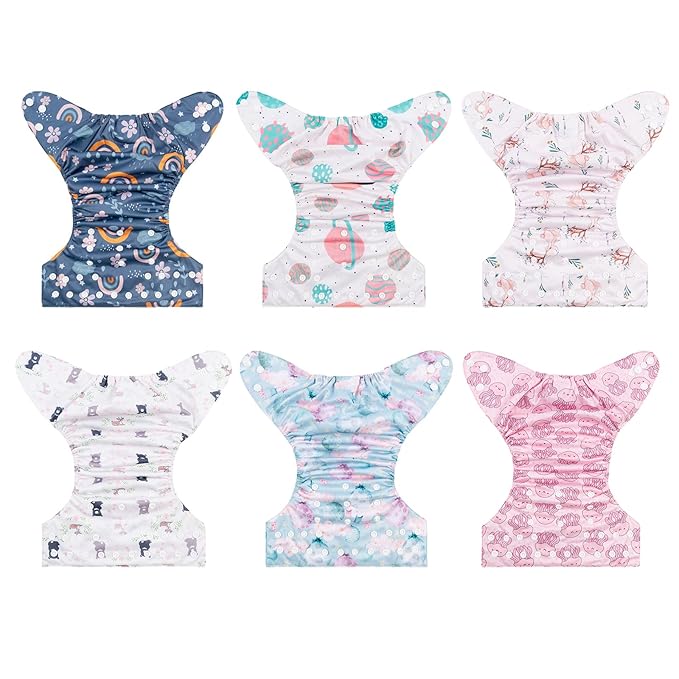 babygoal Reusable Cloth Diapers 6 Pack+6pcs Rayon from Bamboo Inserts+Wet Bag, One Size Adjustable Washable Pocket Nappy Covers for Baby Girls and Boys 6FG38