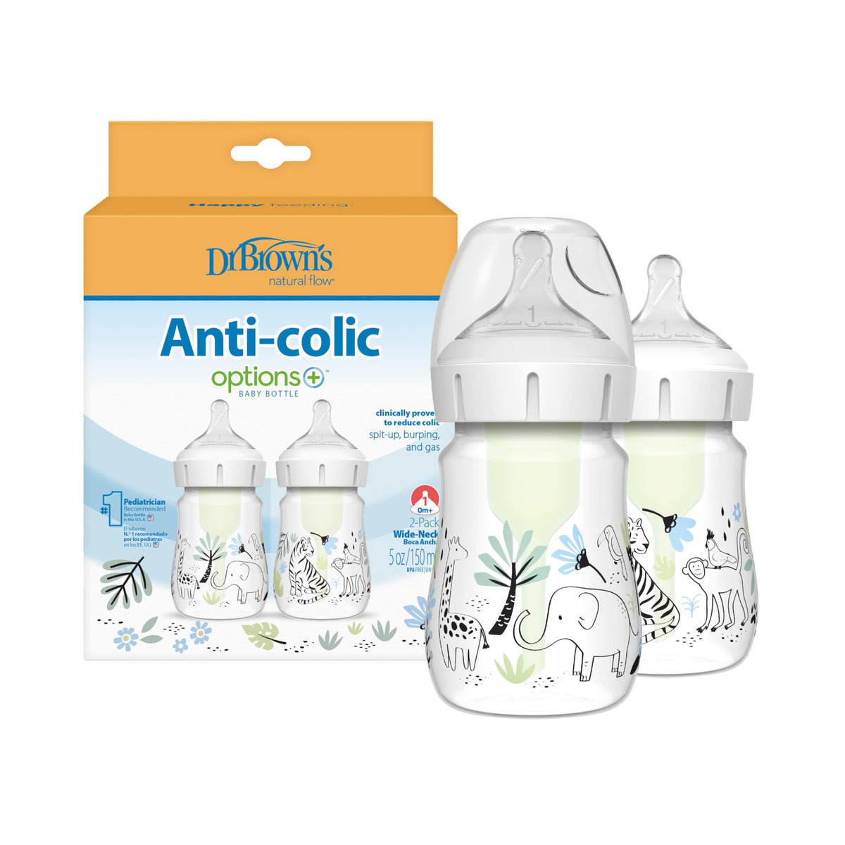 Dr. Brown's Anti-Colic Options+ Wide-Neck Baby Bottles, Jungle, 2-Pack