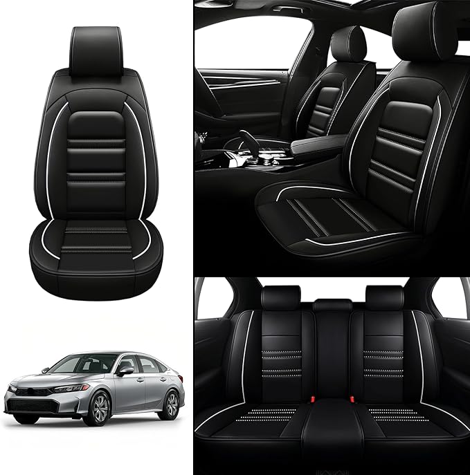 Seat Covers for Honda Civic 2001-2025 | 5-Seats Leather Seat Covers, Easy to Install Automotive Seat Covers Full Set (Full Set, Black&White Line)