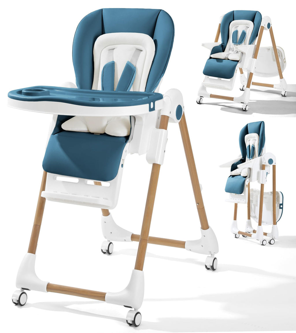 Foldable High Chairs for Babies and Toddlers, 3-in-1 Convertible Baby High Chair with Removable Soft Cushion and Tray, Adjustable Height & Recline, Lockable Wheels, Dark Blue