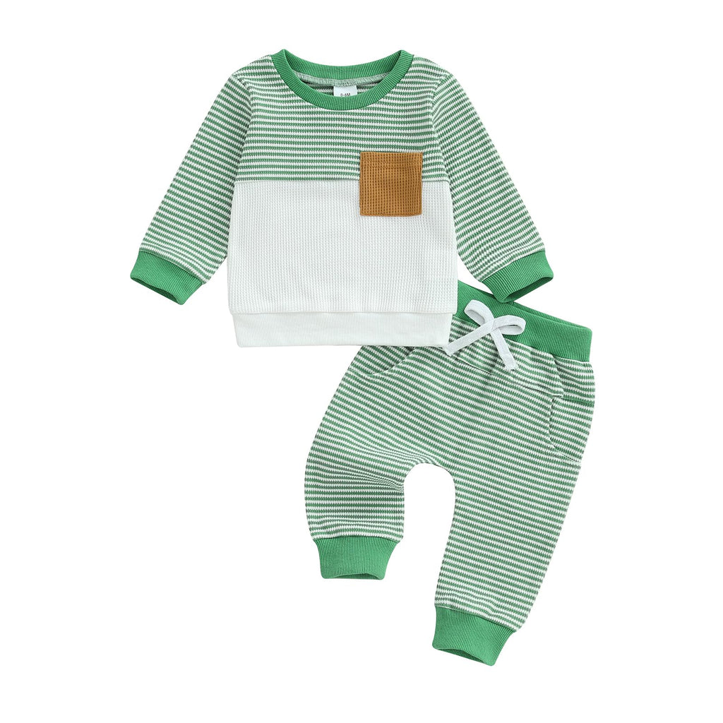 Fufuriprefer Toddler Baby Boy Fall Clothes Waffle outfit Long Sleeve Top Jogger Pant Set (Green, 6-12 Months)