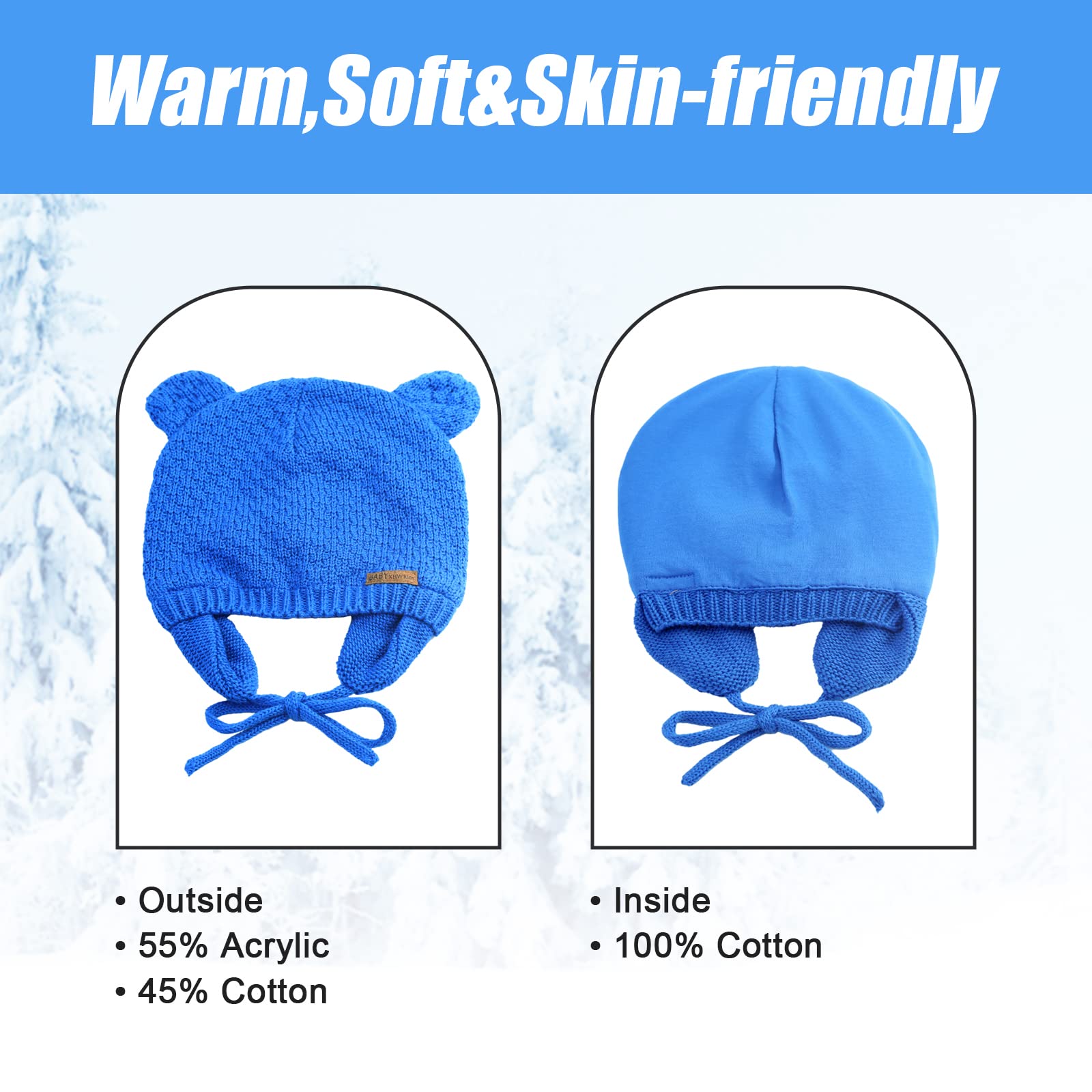 BAVST Baby Beanie Hat for Winter with Earfalp Cute Bear Kids Toddler Girls Boys Warm Knit Cap 0-2Years