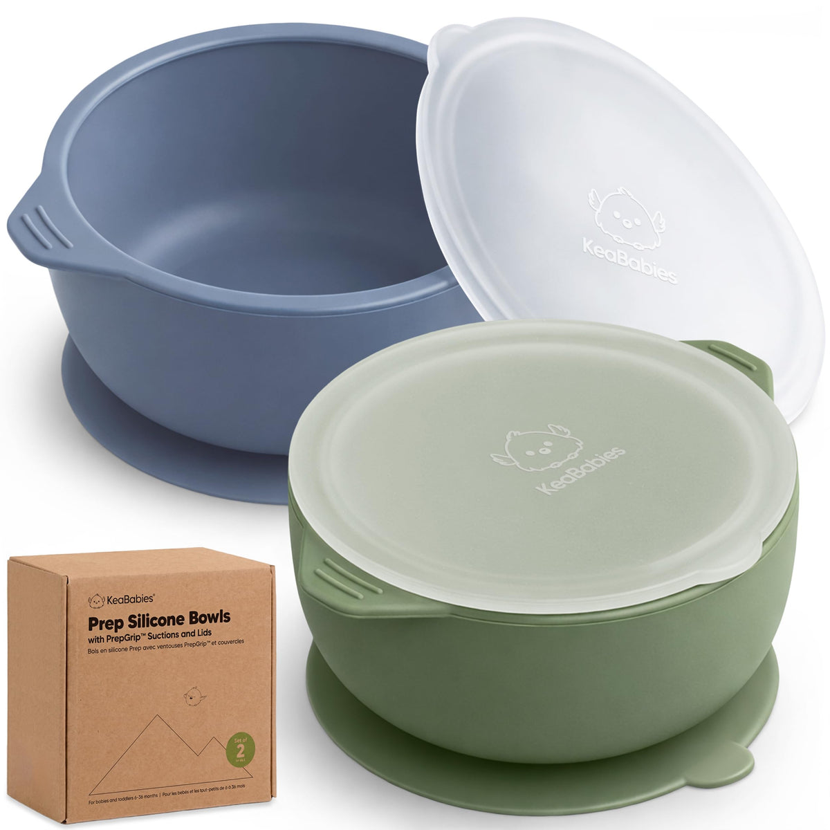 KeaBabies 2-Pack Baby Bowls with Suctions, Lids, BPA-Free Silicone (Slate)