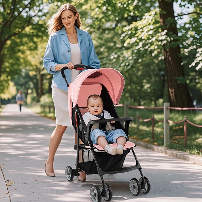 Baby Joy Lightweight Stroller, Compact Toddler Travel Stroller for Airplane, Infant Stroller w/Adjustable Backrest/Footrest/Canopy, 5-Point Harness, Storage Basket, Easy One-Hand Fold (Pink)