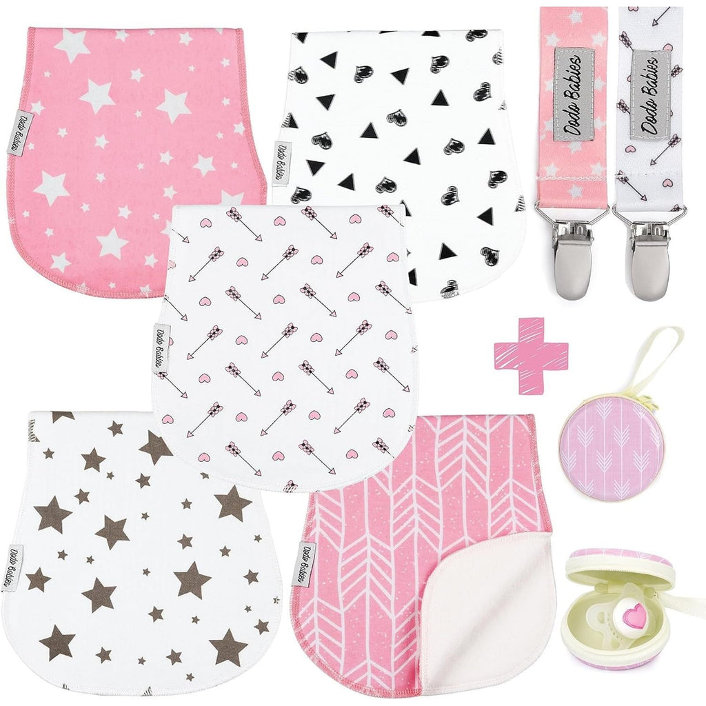 Dodo Babies 5-Pack Baby Burp Cloths - Soft & Absorbent Baby Spitup Cloths - Contoured Shape for Infant Essentials - Includes Pacifier Clips & Pacifier Case - 19 x 9 in, 2 Clips & Case, Pink/White/Grey