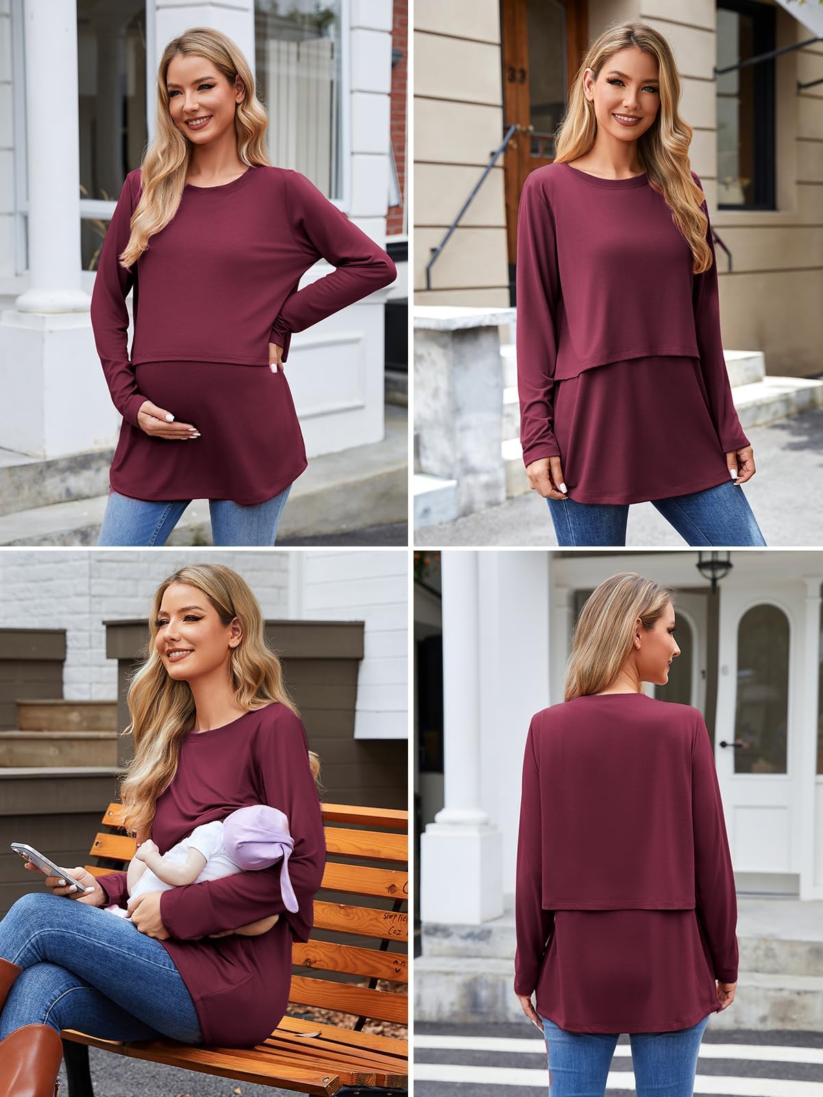 Ecavus Women's 3Pack Maternity Nursing Shirts Long Sleeve Double Layer Breastfeeding Shirts Comfy Pregnancy Clothes