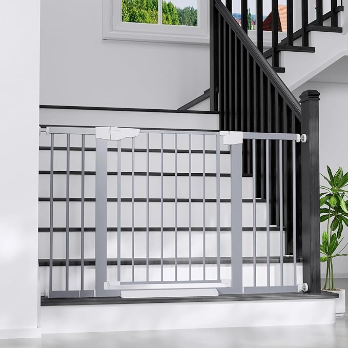 Cumbor 29.7"-51.5" Extra Wide Baby Gate for Stairs, Mom's Choice Awards Winner-Dog Gates for Doorways, Pressure Mounted Walk Through Pet Gate Indoor, Safety Auto-Close Child Gate for Kids, Gray
