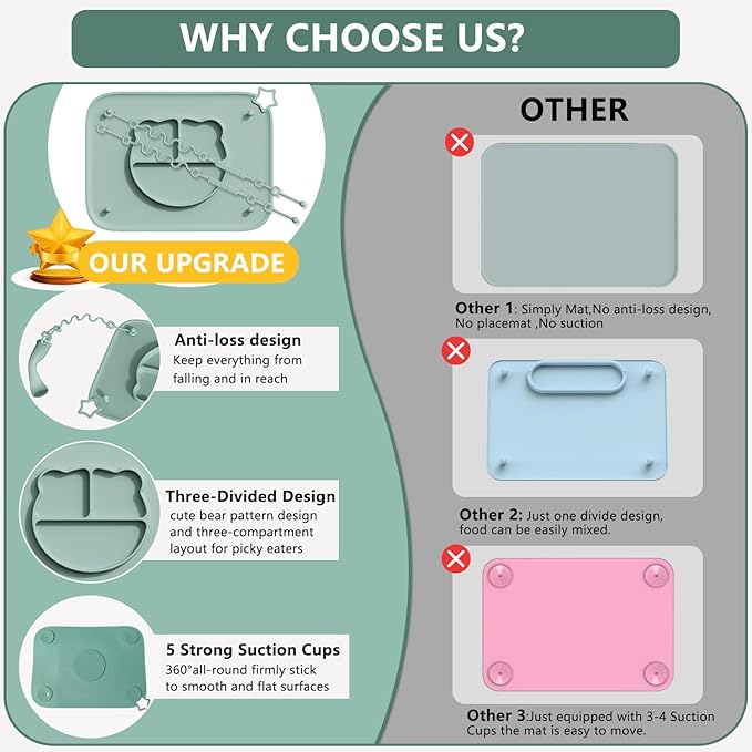2 Pack Silicone Baby Placemats with Non-Slip Strong Suction Base and Anti-Drop 8 Stretchable Straps, BPA Free Food Grade Silicone Table Mats for Babies Toddlers, High Chair, Dining Tables,Beige+Pink