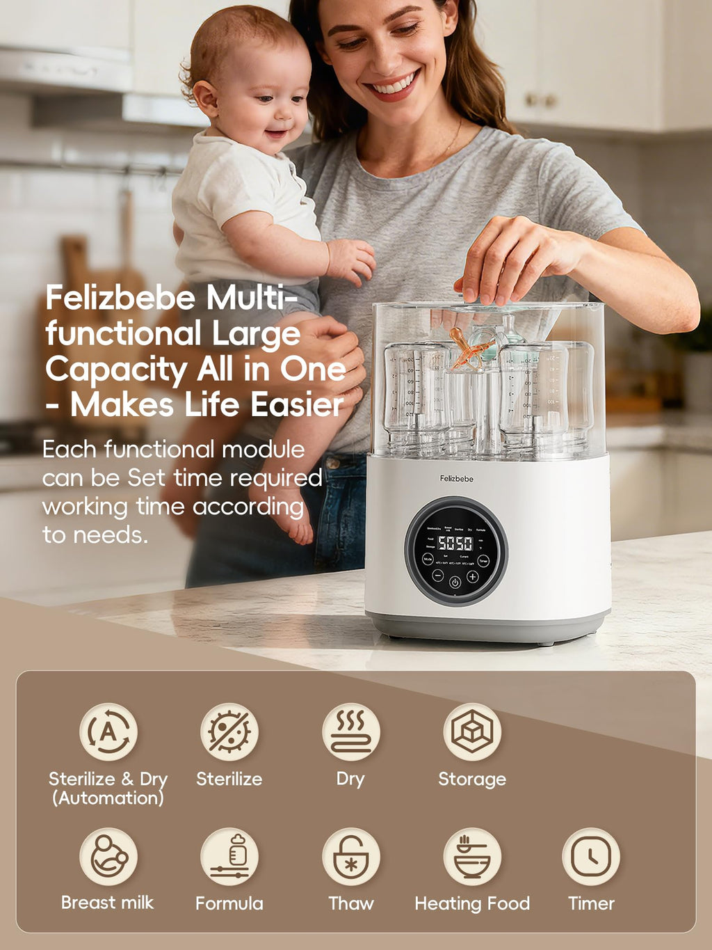 Feilizbebe Electric Steam Baby Bottle Sterilizer and Dryer and Warmer, Bottle Storage Sterile / Bottle Warmer / Heating Food Large Capacity Multifunctional All in One,Touch Screen & Auto-Shut