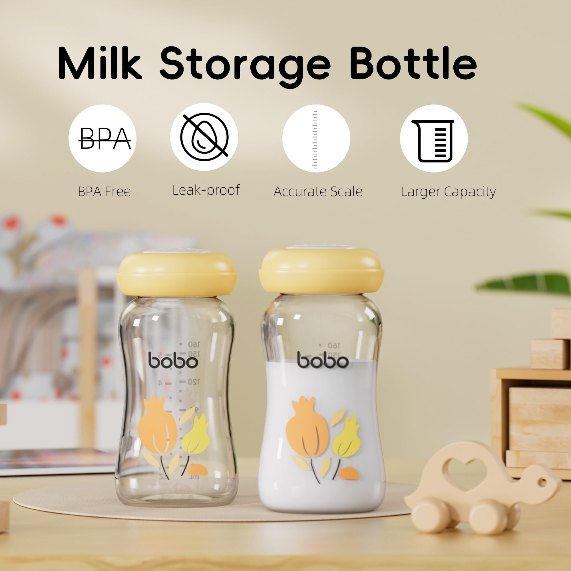 YOHKOH Glass Breast Milk Storage Bottles - 100% Leak-Proof, BPA-Free Breastmilk Storage Containers, Freezer & Dishwasher Safe, Ideal for Nursing Mothers (Yellow, 5.4oz (Pack of 6))