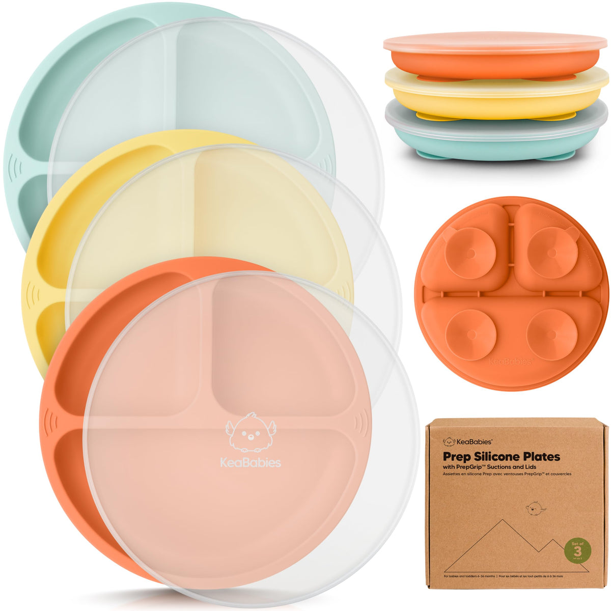 KeaBabies Suction Plates for Baby, Toddler, 3-Pack, 100% Silicone (Alps)