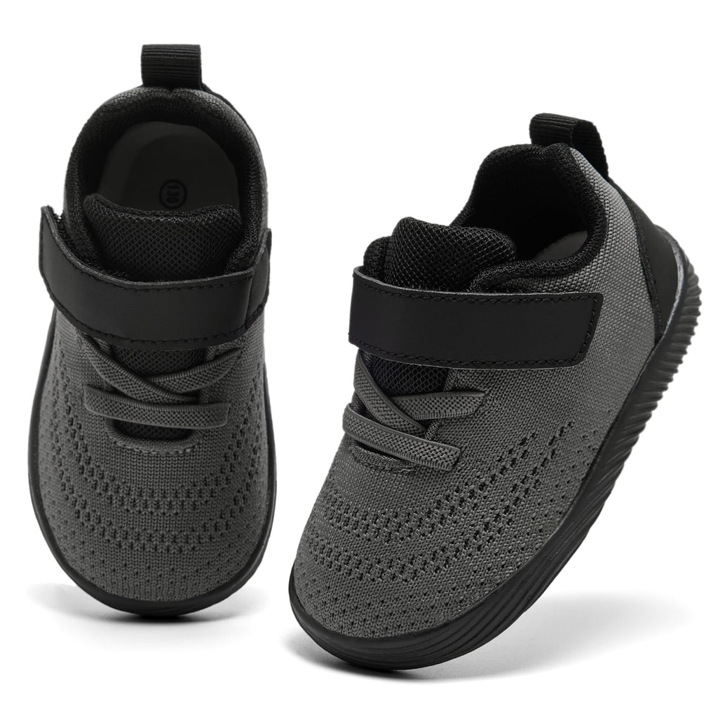 MORENDL Toddler Sneakers Baby Boys & Girls Barefoot Shoes Lightweight Breathable Walking Running Tennis Athletic Sport Shoes Dark Grey 9-12 Months Size 4.5