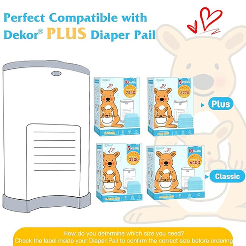 5 Pack Diaper Pail Refill Bags Compatible with Dekor Plus Diaper Pail, 40% Extra Length Refills Holds up to 3770 Diapers, Thickened Multi-layer Odor Control (Baby Scent)