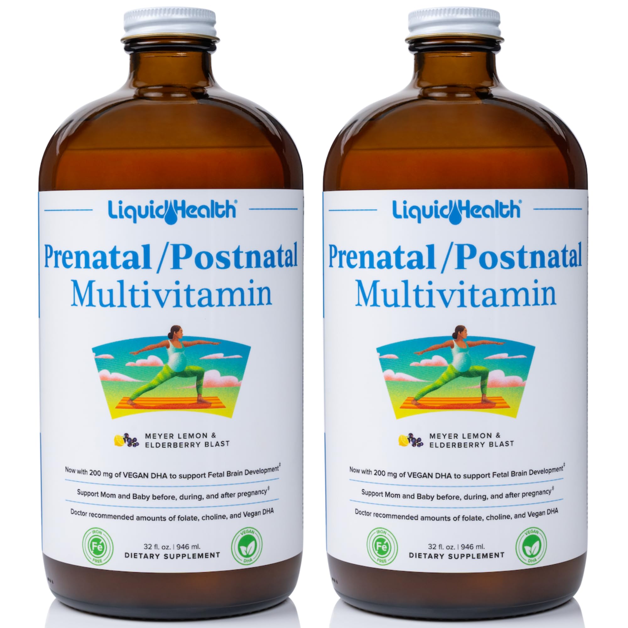 LIQUIDHEALTH Prenatal/Postnatal Multiple Liquid Women's Multivitamin with Real Folate - Pre & Postnatal Vitamins for Before, During, After Pregnancy - Made in USA, Vegan, Sugar-Free, Non-GMO (2 Pack)