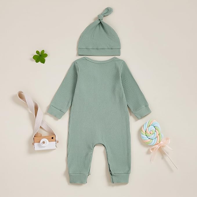 Fernvia Newborn Baby Boy Clothes Letters Print Bodysuit 3 6 9 12 18 Months Long Sleeve Jumpsuit with Hat 2PCS Outfits Set