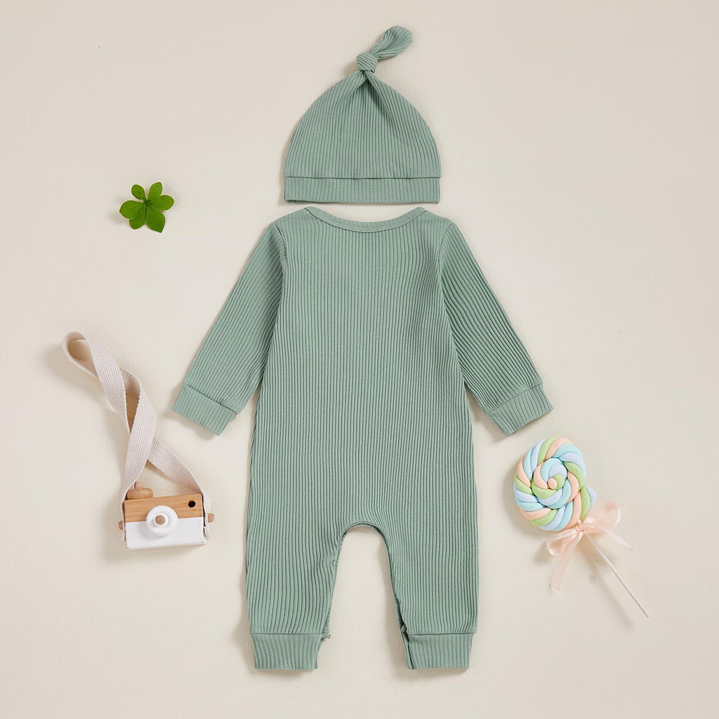 Fernvia Newborn Baby Boy Clothes Letters Print Bodysuit 3 6 9 12 18 Months Long Sleeve Jumpsuit with Hat 2PCS Outfits Set (A Green, 3-6 Months)
