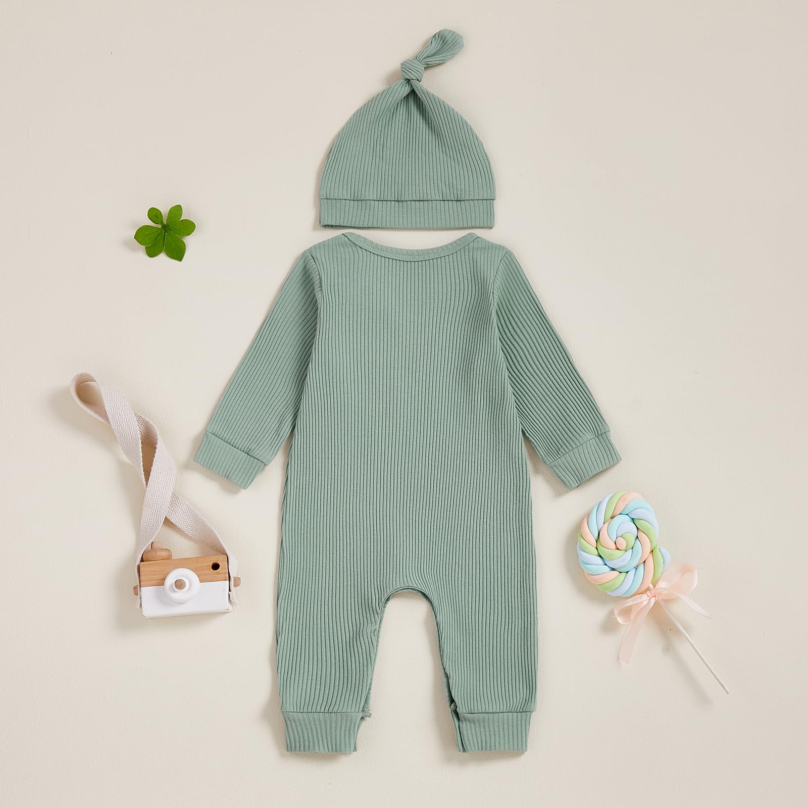 Fernvia Newborn Baby Boy Clothes Letters Print Bodysuit 3 6 9 12 18 Months Long Sleeve Jumpsuit with Hat 2PCS Outfits Set (A Green, 3-6 Months)