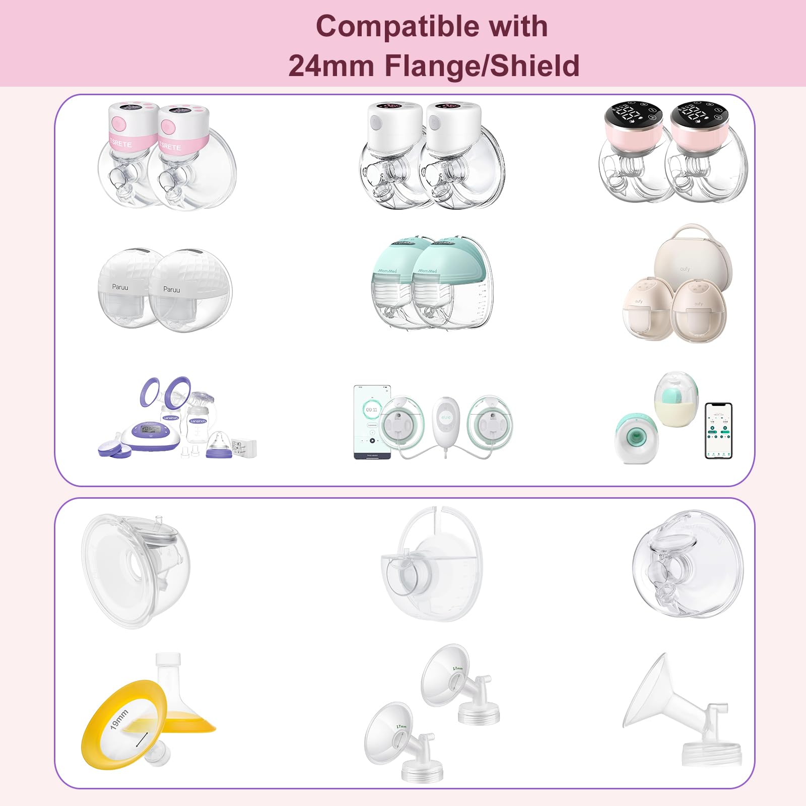 Flange Insert 15/17mm 8PCS Compatible with 24mm Flange/Shield of Most Pumps,Suitable for Momcozy/Medela/Spectra/TSRETE/Paruu Wearable Breast Pump,Reduce 24mm Tunnel Down to Correct Size,4pc/Size