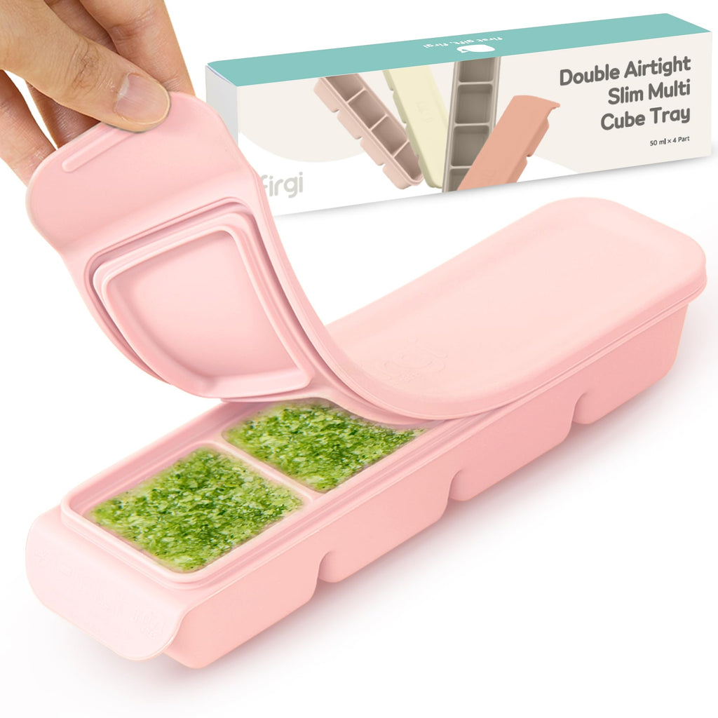 Firgi 1.7 oz/4 Sections Silicone Ice Cube Freezer Tray with Lid, 100% Food-Grade Platinum Silicone,Leak Resistance & Dishwasher Safe for Baby Food Prep,Breast Milk,Purees - Korean Made, Pastel Pink