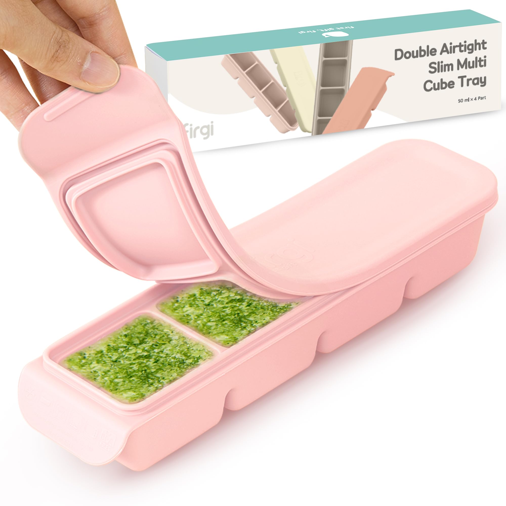 Firgi 1.7 oz/4 Sections Silicone Ice Cube Freezer Tray with Lid, 100% Food-Grade Platinum Silicone,Leak Resistance & Dishwasher Safe for Baby Food Prep,Breast Milk,Purees - Korean Made, Pastel Pink