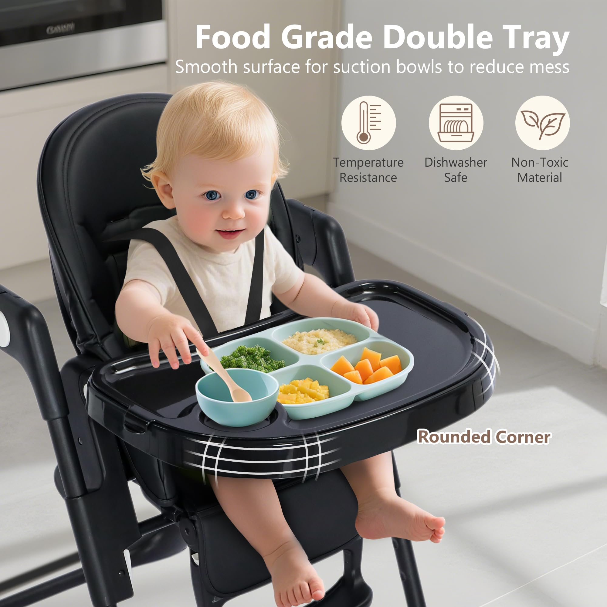 Kinder King Foldable High Chair for Babies and Toddlers, Reclining Seat