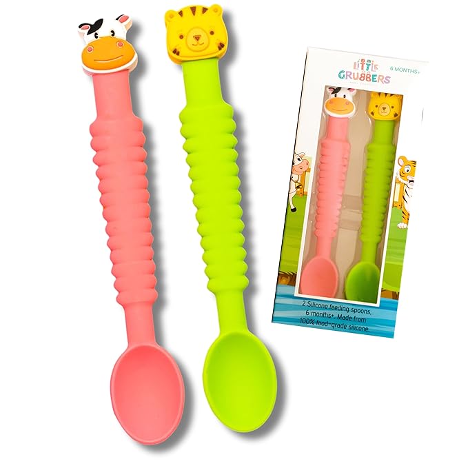 Little Grubbers 3-in-1 Silicone Baby Spoon Self Feeding 6+ Months - Pediatric OT Designed Teether Spoon, BPA Free Toddler Utensils, Mess-Free, Fun for Baby Led Weaning Supplies, Cow & Tiger