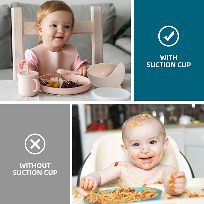 100% Silicone Baby Feeding Set,BPA Free Baby Dishes Set with Suction Bowl Divided Plate,Toddler Self Feeding Dish Set with Spoons Forks Sippy Cup and Bib, Baby Eating Utensils (Pink)