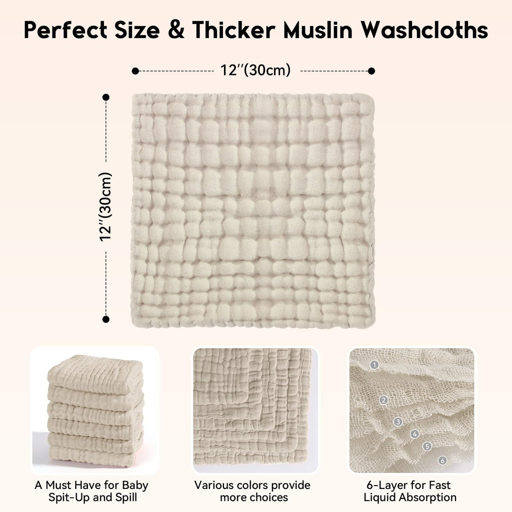 Unnivoll Muslin Burp Cloths Baby 12''X12'', Baby Washcloths 6 Pack, 100% Cotton Baby Wash Cloths Absorbent and Soft for Newborn Infants Kids Boys Girls - Apricot