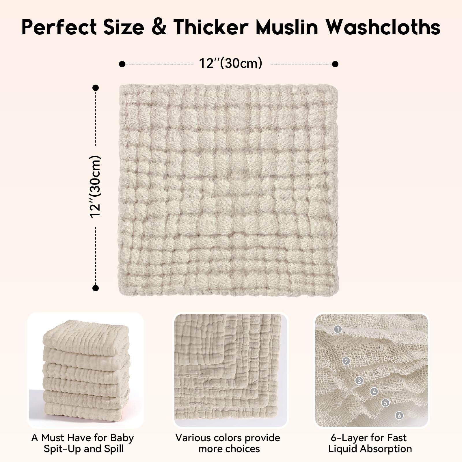 Unnivoll Muslin Burp Cloths Baby 12''X12'', Baby Washcloths 6 Pack, 100% Cotton Baby Wash Cloths Absorbent and Soft for Newborn Infants Kids Boys Girls - Apricot
