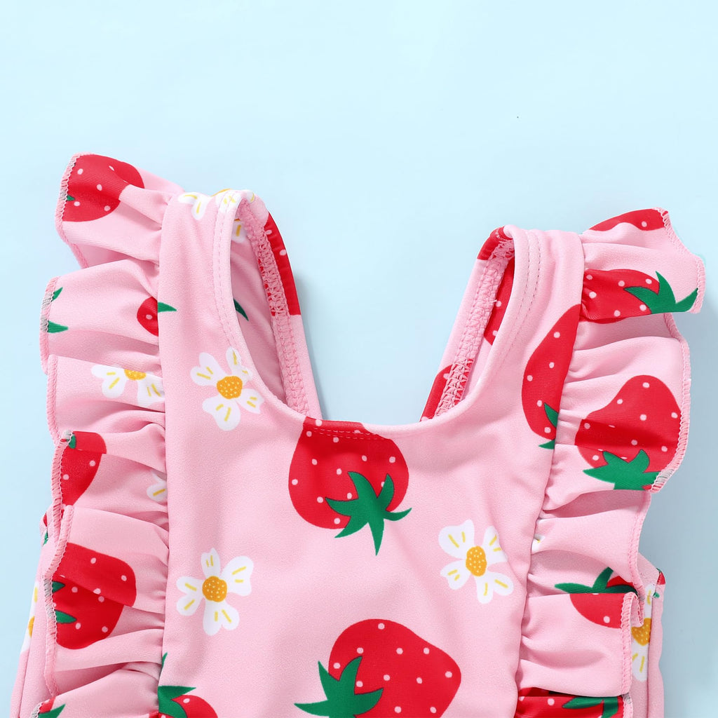 Happy Town One-Piece Infant Toddler Baby Girl Summer Swimsuit Watermelon Leopard Ruffle Swimwear Bikini Bathing Suit (Strawberry, 3-6 Months)