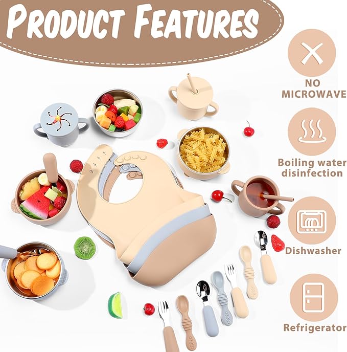 Yinder 15 Pack Silicone Baby Feeding Set Include Baby Bowls Spoons Forks Adjustable Bib Tiny Cups for Babies Toddlers Kids Self Feeding Eating Utensils Weaning Supplies(Brown/beige/gray)
