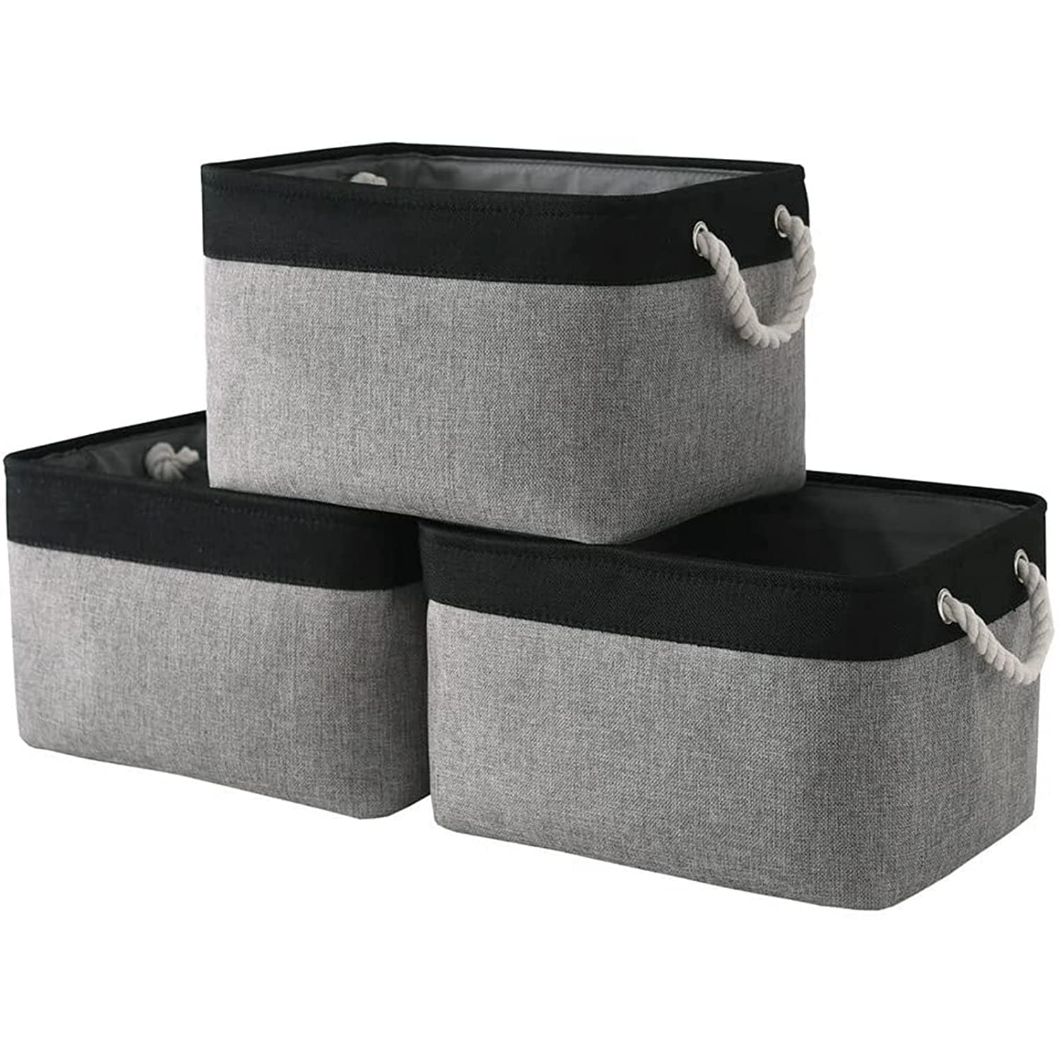 Organization and Storage Bins for Shelves - 16x12x8 inch Large 3 Pack Fabric Storage Cubes Collapsible Baskets for Shelves with Rope, Storage Basket for Organizing Cloth Laundry (Black & Grey)