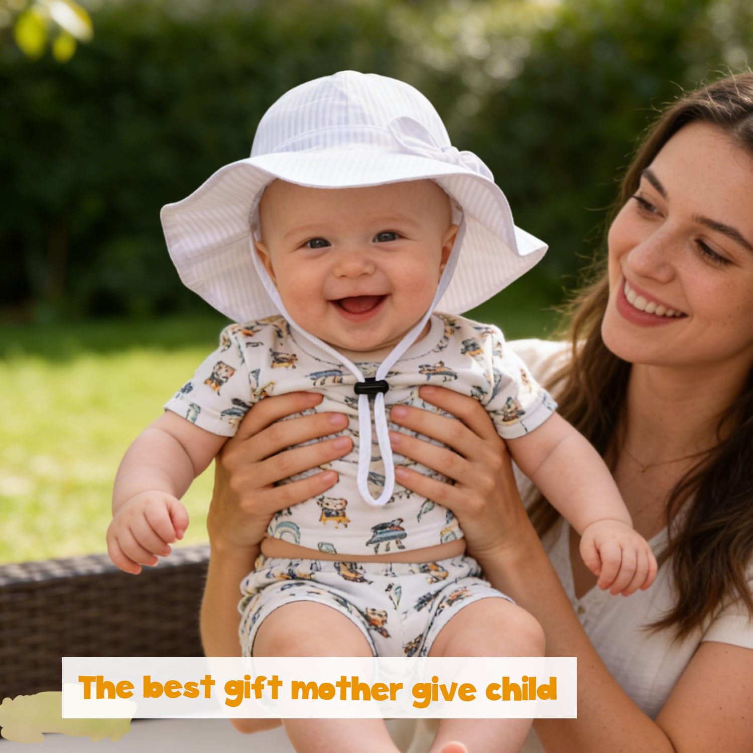 Baby Girl Sun Hat with UPF 50+ Outdoor Adjustable Beach Hat with Wide Brim Bucket Hats (12-24 Months, White-Stripe 1pcs)