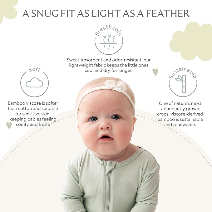 Bamboo Little Soft Baby Footie Pajamas, Baby Clothes, Newborn Sleepers, 95% Viscose and 5% Spandex, Sage, 3-6 Months