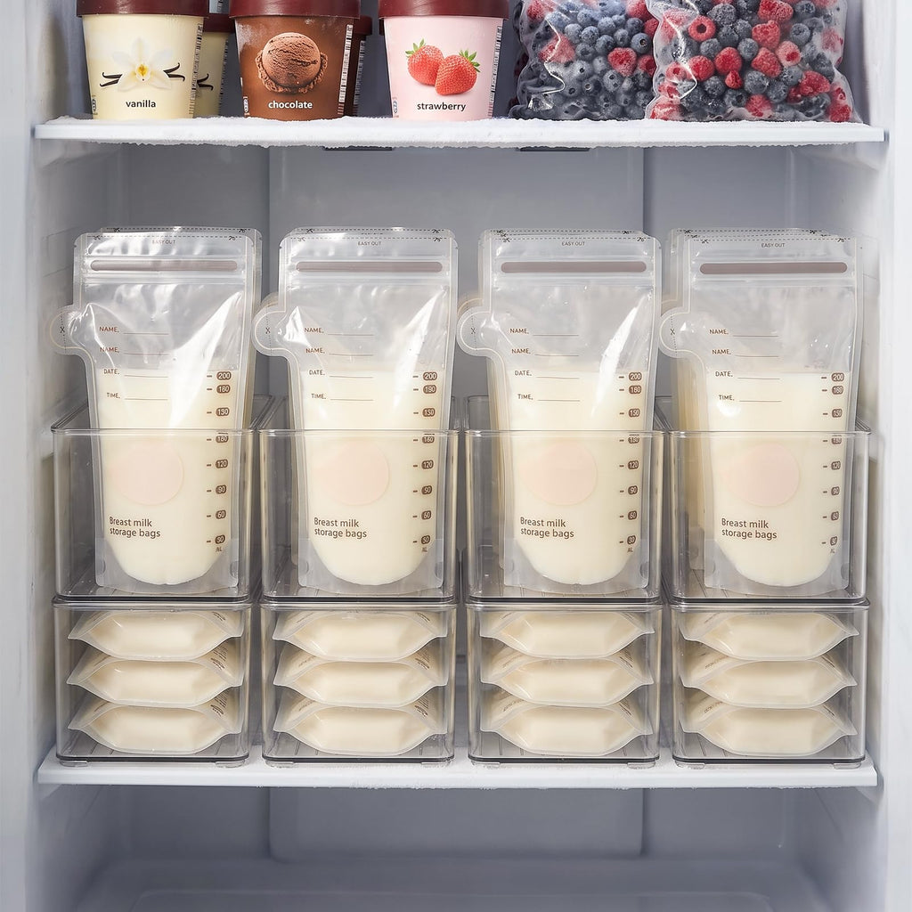 Hudgan 4 Pcs Storage Container Breastmilk for Fridge, Clear Organizer Bins for Milk Bags, Plastic Storage Bins for Freezer,Pantry, Bottles Bathroom, Vanity, Drawer and Yogurts,4.4" Wide