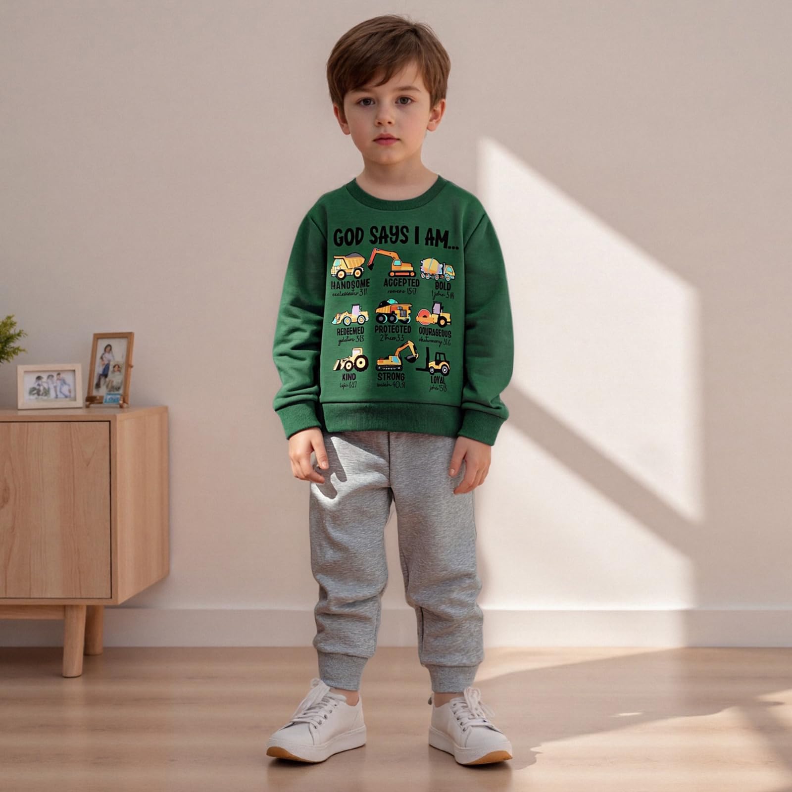 Nyapruwe Toddler Baby Boys Fall Winter Outfits Funny Print Top Pants Set (Dark green tool cars, 12-18 Months)