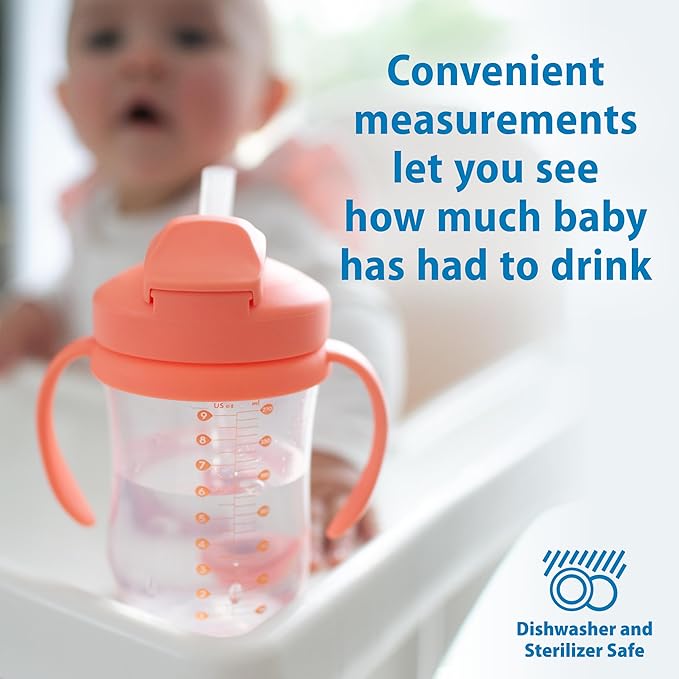 Dr. Brown's Milestones Baby's First Straw Cup, Training Cup with Weighted Straw, 9oz/270mL, Coral, BPA Free, 6m+